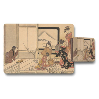 B&Q -  Japanese Ukiyoe Placemats And Coaster Set With Traditional Scene
