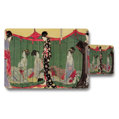 Benjamin Tate Design Geisha Scene Placemat And Coaster Set Featuring Ukiyoe Artwork