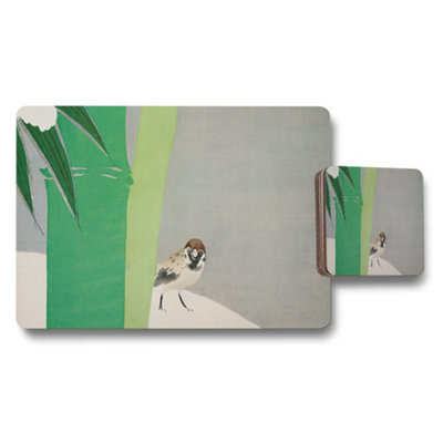 B&Q -  Green Botanical Bird Placemat And Coaster Set For Table Decor