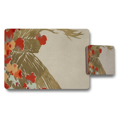 Benjamin Tate Design Botanical Floral Placemat And Coaster Set In Beige With Red Accents from B&Q