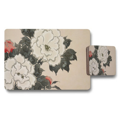 B&Q -  Floral Peony Placemats And Coaster Set Beige Background