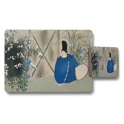 Benjamin Tate Design Placemat And Coaster Set Japanese Ukiyoe Artwork Blue Robed Figure from B&Q