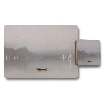 B&Q -  Serene Lake Landscape Placemat And Coaster Set With Sailboats