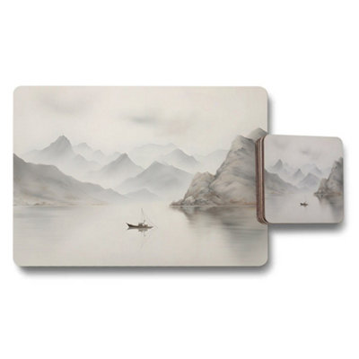 Benjamin Tate Design Misty Mountain Lake Placemat And Coaster Set With Boat Scene from B&Q