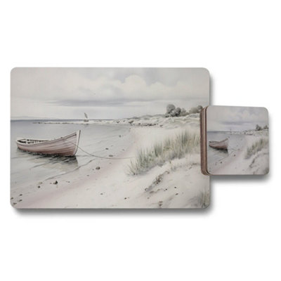 B&Q -  Beach Scene Boat On Shore Watercolor Placemat And Coaster Set
