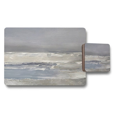 B&Q -  Coastal Abstract Placemat And Coaster Set In Ocean Blue Gray