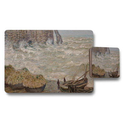 Benjamin Tate Design Impressionist Seascape Placemats And Coaster Set With Boats And Waves