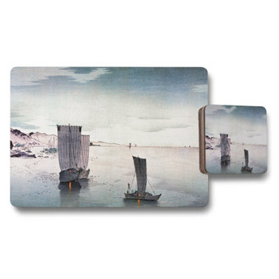 Benjamin Tate Design Coastal Sailboat Placemat And Coaster Set With Vintage Seascape Art