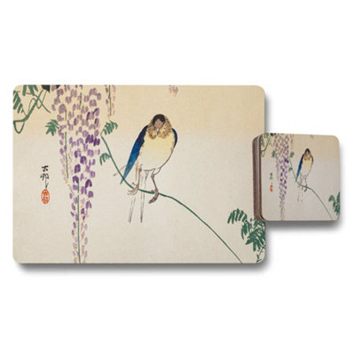 B&Q -  Bird And Wisteria Placemat And Coaster Set Japanese Inspired Decor