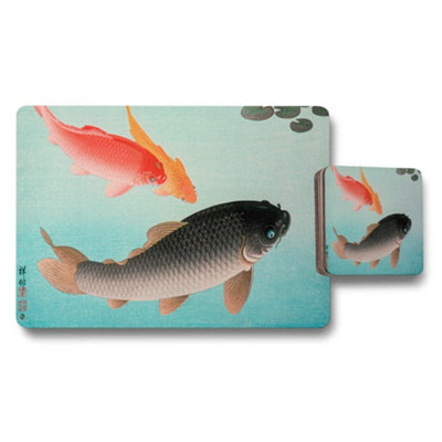 Benjamin Tate Design Koi Fish Placemats And Coaster Set Vintage Style Ocean Scene