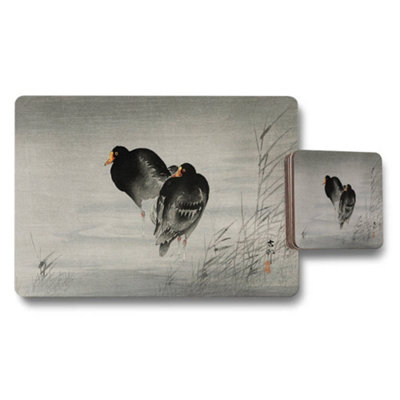 Benjamin Tate Design Monochrome Birds On Reeds Placemats And Coasters Set from B&Q