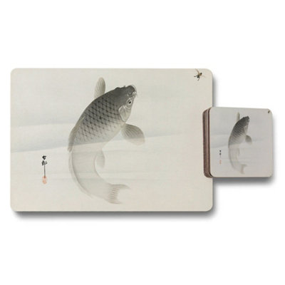 Benjamin Tate Design Koi Fish Placemats And Coaster Set Elegant Japanese Ink Art