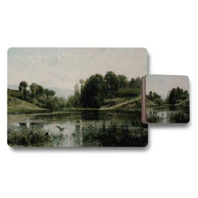 B&Q -  Serene River Landscape Placemat And Coaster Set With Nature Art
