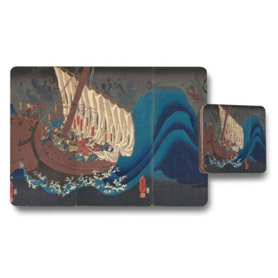 B&Q -  Japanese Ukiyoe Wave Ship Placemat And Coaster Set