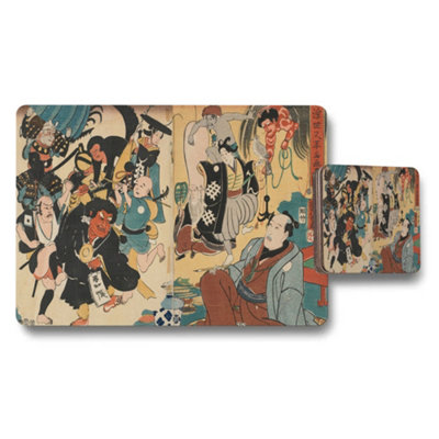 B&Q -  Japanese Ukiyoe Style Placemat And Coaster Set With Vintage Artwork