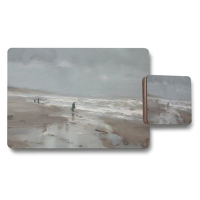 B&Q -  Beach Scene Placemats And Coaster Set With Ocean Wave Artwork