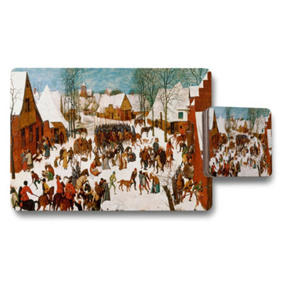 B&Q -  Winter Village Scene Placemat And Coaster Set Snowy Town Market Art