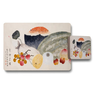 Benjamin Tate Design Fruit Placemats And Coaster Set With Watercolor Chinese Artwork from B&Q