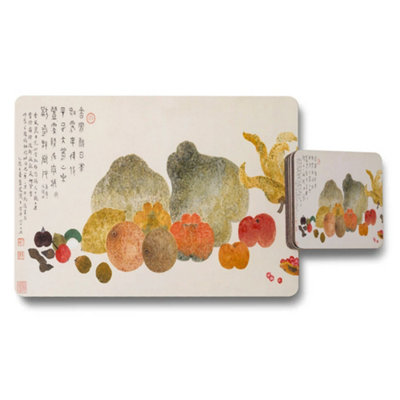 B&Q -  Traditional Chinese Fruit Artwork Placemat And Coaster Set