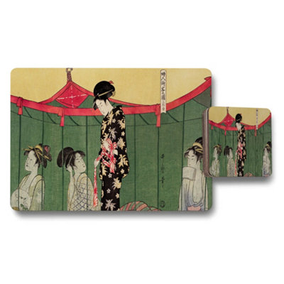 Benjamin Tate Design Japanese Ukiyoe Style Placemat And Coaster Set With Geisha In Kimono from B&Q