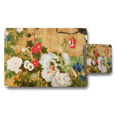 Benjamin Tate Design Vintage Floral Placemat And Coaster Set With Gold Background from B&Q