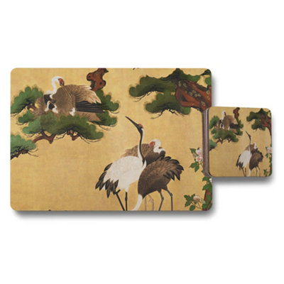 Benjamin Tate Design Crane Themed Placemat And Coaster Set With Golden Background Artwork from B&Q