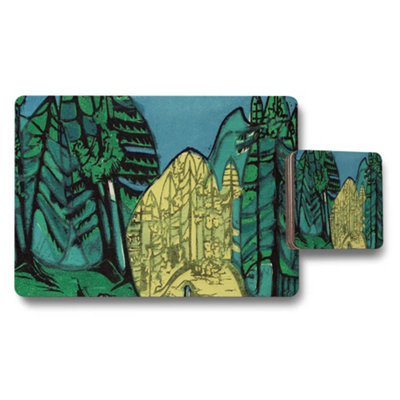 B&Q -  Forest Mountain Scenic Placemat And Coaster Set With Gold Accents