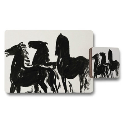 B&Q -  Horse Silhouette Placemat And Coaster Set With Black Abstract Art