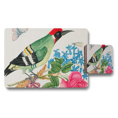 B&Q -  Hummingbird Floral Placemat And Coaster Set With Green Bird Design