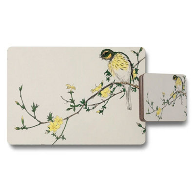 B&Q -  Birds On Branch Floral Placemat And Coaster Set With Yellow Flowers