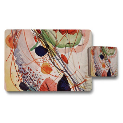 B&Q -  Abstract Art Placemats And Coaster Set Multicolor Dining Decor