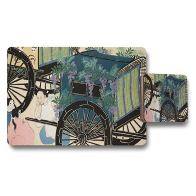 B&Q -  Vintage Chinese Cart And Garden Scene Placemat Coaster Set