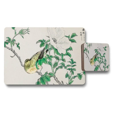 Benjamin Tate Design Bird And Floral Placemat And Coaster Set With Green Leaves Design from B&Q