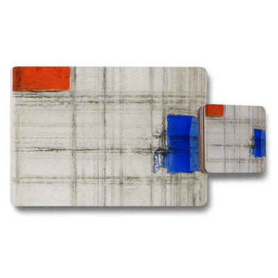 B&Q -  Abstract Geometric Placemat And Coaster Set With Red And Blue Accents