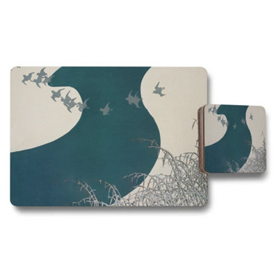 B&Q -  Teal Moon Ocean Placemat And Coaster Set With Flying Birds