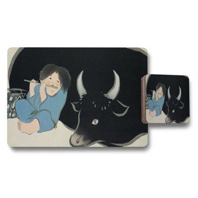 Benjamin Tate Design Placemat And Coaster Set Featuring Bull And Girl Illustration from B&Q