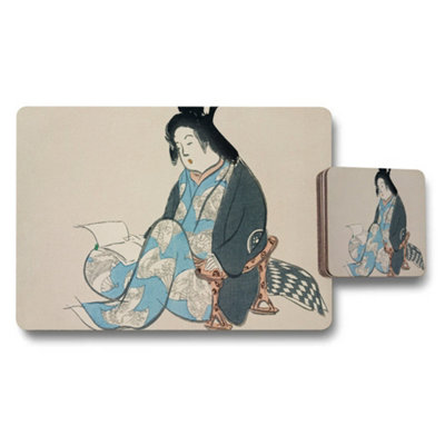 Benjamin Tate Design Japanese Ukiyoe Style Placemat And Coaster Set With Geisha Image