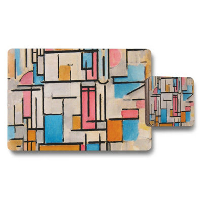 B&Q -  Multicolor Abstract Geometric Placemat And Coaster Set For Table Decor