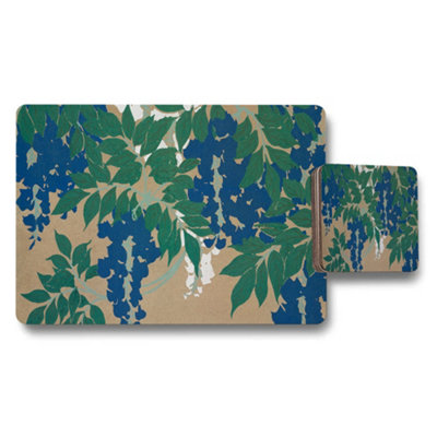 Benjamin Tate Design Blue Wisteria Botanical Placemat And Coaster Set For Dining Table from B&Q