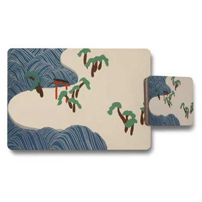 Benjamin Tate Design Placemat Coaster Set With Ocean Waves And Palm Trees Design from B&Q