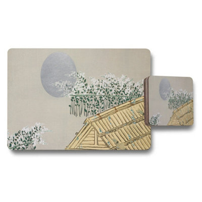 Benjamin Tate Design Placemat And Coaster Set With Thatch Roof And Moonlit Garden Scene from B&Q