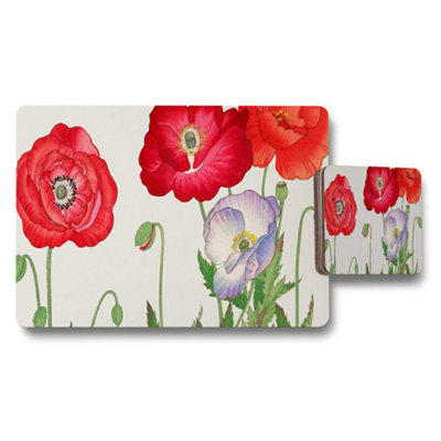 B&Q -  Poppy Floral Placemat Coaster Set With Red Purple Flowers