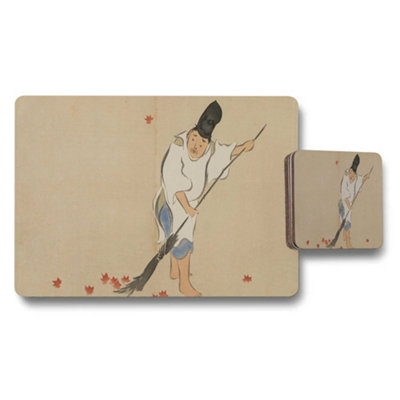 B&Q -  Traditional Japanese Ink Painting Man With Broom Placemat And Coaster Set