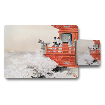 B&Q -  Japanese Pagoda Scene Placemats And Coasters Set With Traditional Artwork