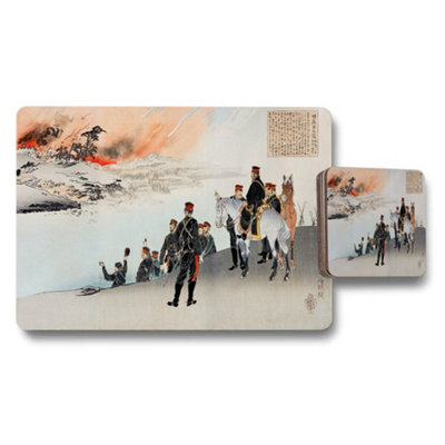 B&Q -  Historical Battle Scene Placemat And Coaster Set With Vintage Print