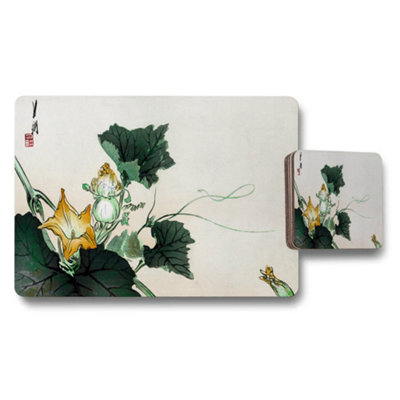 Benjamin Tate Design Vintage Botanical Squash Blossom Leaves Placemat And Coaster Set from B&Q