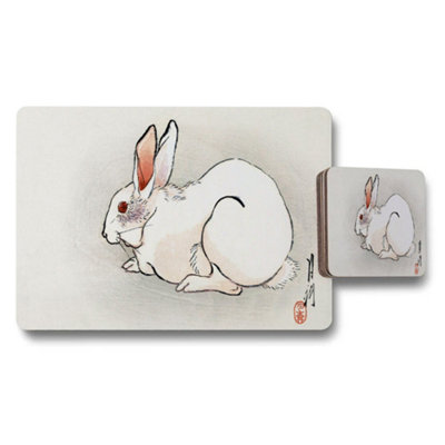 B&Q -  Rabbit Illustration Placemat And Coaster Set With Watercolor Artwork