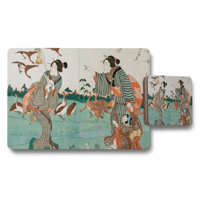 Benjamin Tate Design Japanese Ukiyoe Placemat And Coaster Set Featuring Crane Scene from B&Q