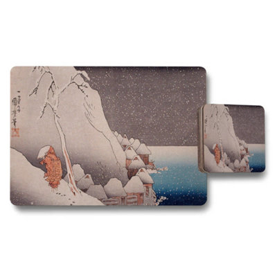 Benjamin Tate Design Snowy Mountain Village Ukiyoe Placemat And Coaster Set Artwork