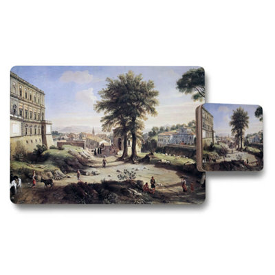 Benjamin Tate Design Scenic Landscape Placemat And Coaster Set With Vintage Village Painting from B&Q